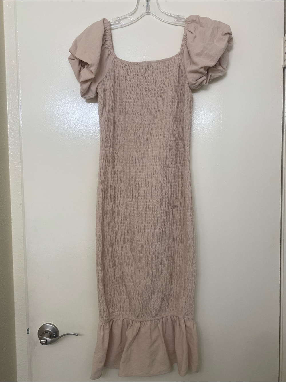 Oatmeal Puff Sleeve Smocked Midi Dress - Picture 2 of 5